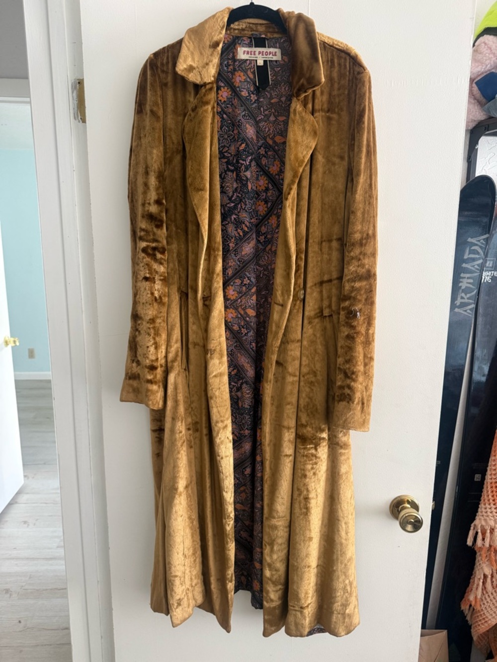 Free People Golden Brown Velvet Long Duster Coat